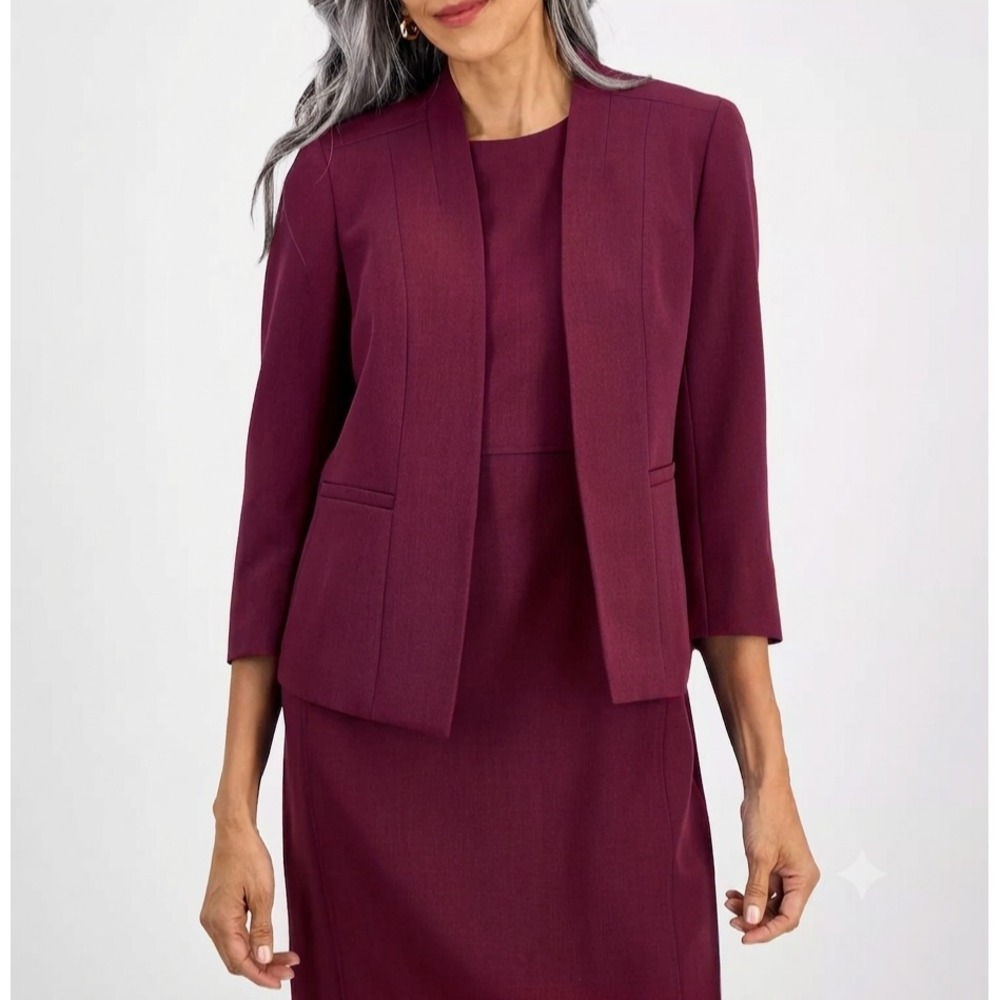 Kasper Collarless Open-Front 3/4-Sleeve Jacket Women's 16W‎ Shiraz Solid